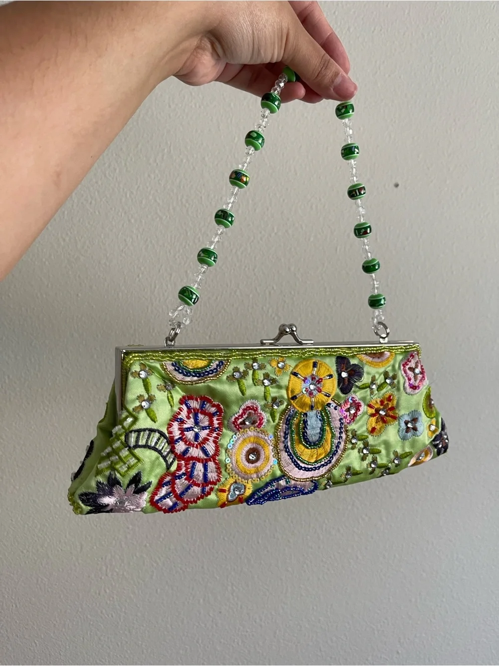Embroidered Beaded Handle Green Evening Clutch